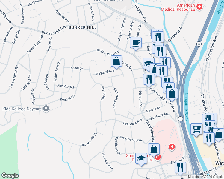 map of restaurants, bars, coffee shops, grocery stores, and more near 175 Mount Vernon Avenue in Waterbury