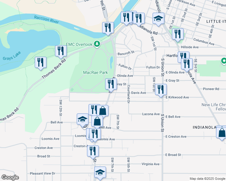 map of restaurants, bars, coffee shops, grocery stores, and more near 802 Gray Street in Des Moines