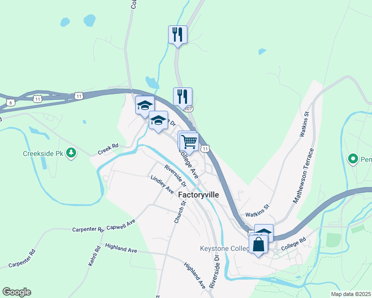 map of restaurants, bars, coffee shops, grocery stores, and more near 152 College Avenue in Factoryville