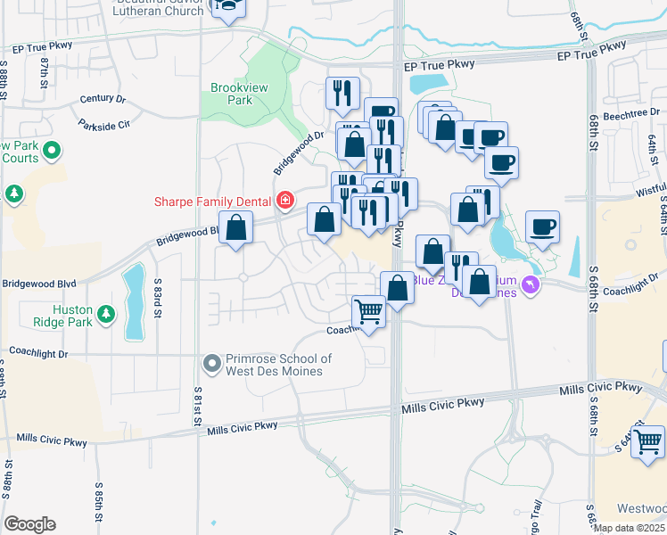map of restaurants, bars, coffee shops, grocery stores, and more near 7730 Wistful Vista Drive in West Des Moines