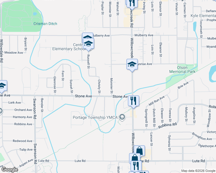 map of restaurants, bars, coffee shops, grocery stores, and more near 2965 Monnier Street in Portage