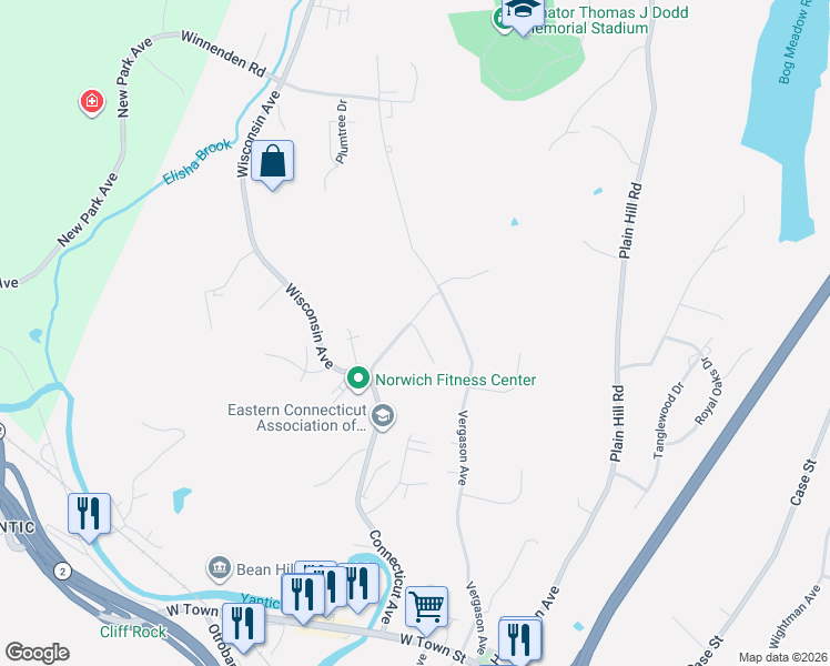 map of restaurants, bars, coffee shops, grocery stores, and more near 1 Parkwood Drive in Norwich