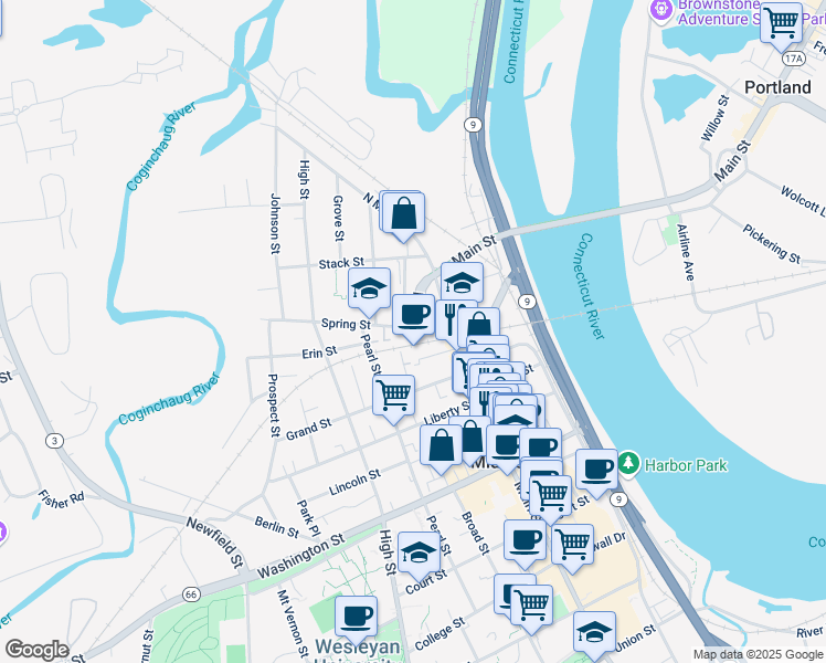 map of restaurants, bars, coffee shops, grocery stores, and more near 7 Spring Street in Middletown
