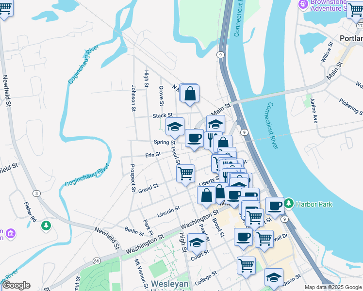 map of restaurants, bars, coffee shops, grocery stores, and more near 46 Spring Street in Middletown