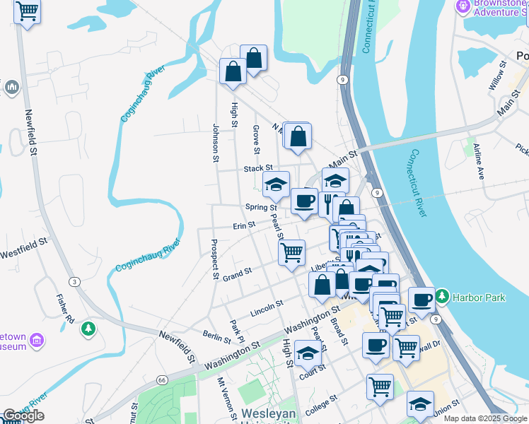 map of restaurants, bars, coffee shops, grocery stores, and more near 82 Spring Street in Middletown