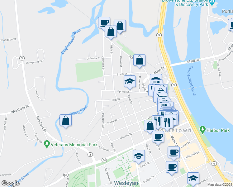 map of restaurants, bars, coffee shops, grocery stores, and more near 114 Spring Street in Middletown