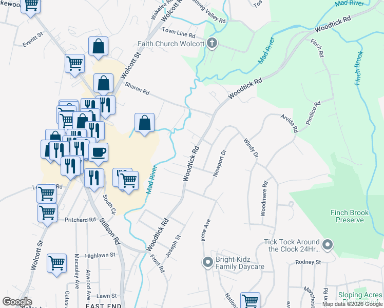 map of restaurants, bars, coffee shops, grocery stores, and more near 809 Woodtick Road in Waterbury