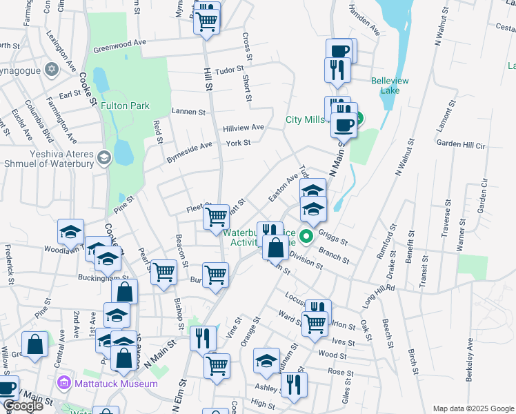 map of restaurants, bars, coffee shops, grocery stores, and more near 127 Easton Avenue in Waterbury