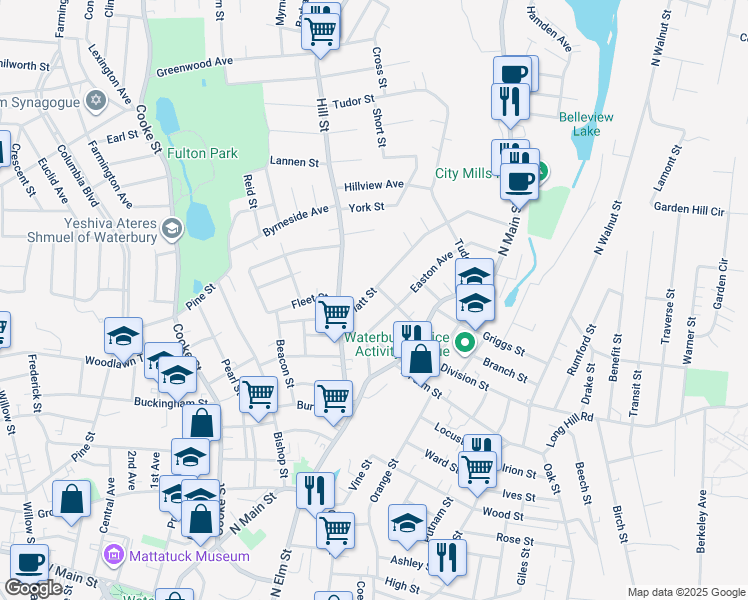 map of restaurants, bars, coffee shops, grocery stores, and more near 69 Brewster Street in Waterbury