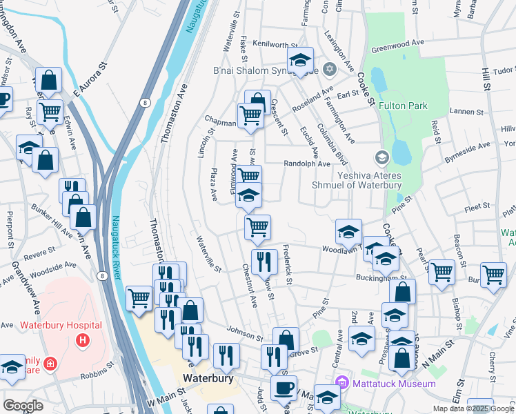 map of restaurants, bars, coffee shops, grocery stores, and more near 320 Willow Street in Waterbury