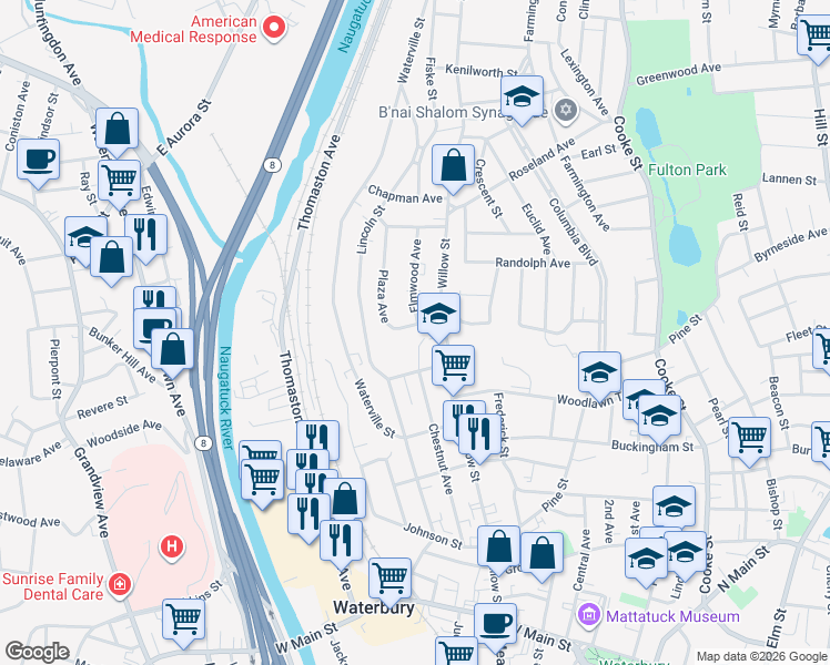 map of restaurants, bars, coffee shops, grocery stores, and more near in Waterbury