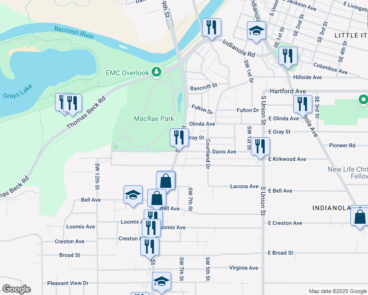 map of restaurants, bars, coffee shops, grocery stores, and more near 802 Gray Street in Des Moines