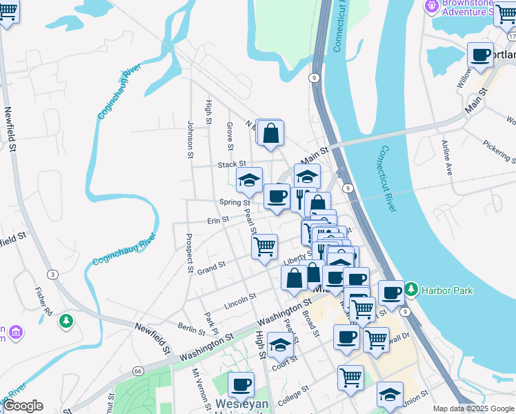 map of restaurants, bars, coffee shops, grocery stores, and more near 53 Spring Street in Middletown