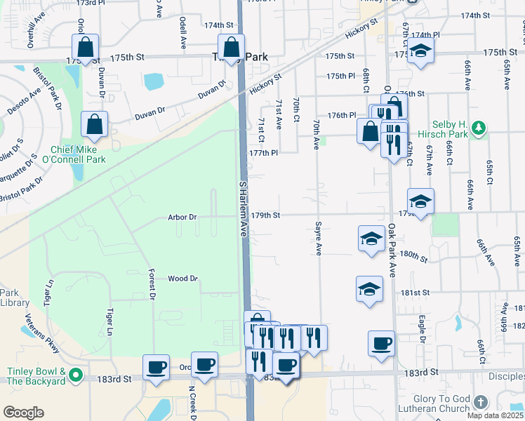 map of restaurants, bars, coffee shops, grocery stores, and more near 17840 Sayre Avenue in Tinley Park