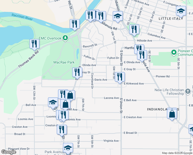 map of restaurants, bars, coffee shops, grocery stores, and more near 404 Gray Street in Des Moines