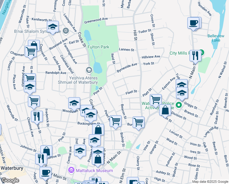 map of restaurants, bars, coffee shops, grocery stores, and more near 21 North Beacon Street in Waterbury