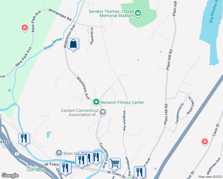 map of restaurants, bars, coffee shops, grocery stores, and more near 1 Parkwood Drive in Norwich