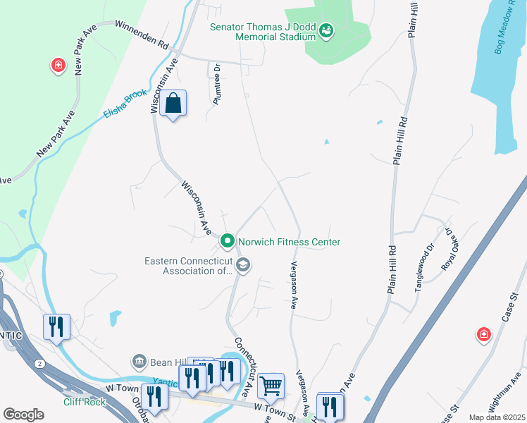 map of restaurants, bars, coffee shops, grocery stores, and more near 1 Parkwoods Road in Norwich