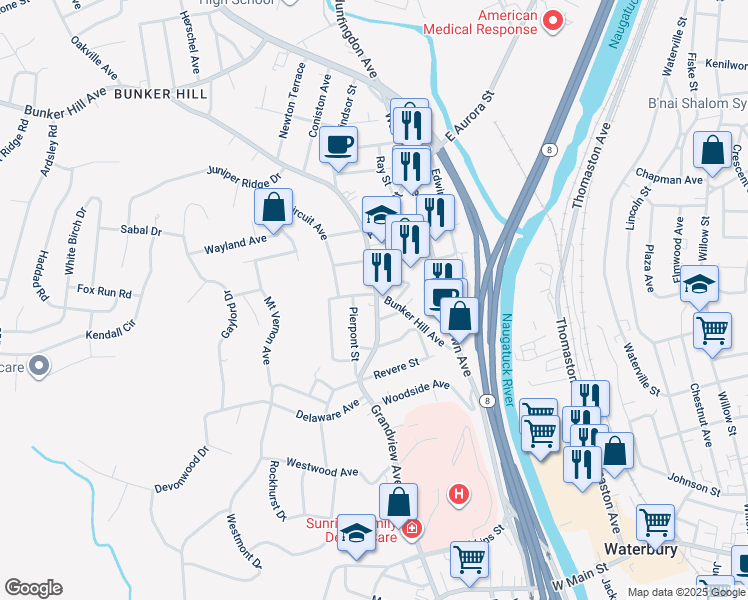 map of restaurants, bars, coffee shops, grocery stores, and more near 373 Grandview Avenue in Waterbury