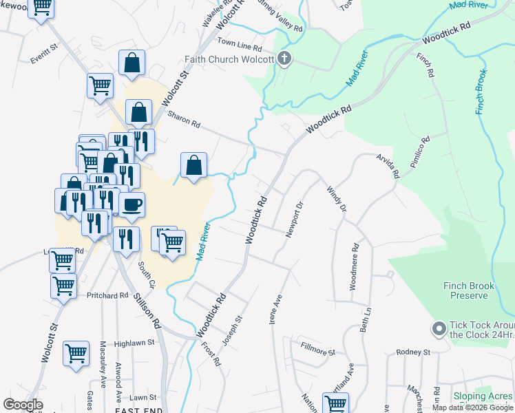 map of restaurants, bars, coffee shops, grocery stores, and more near 809 Woodtick Road in Waterbury