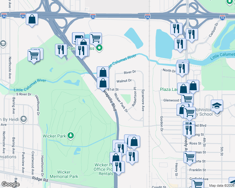 map of restaurants, bars, coffee shops, grocery stores, and more near 2406 81st Street in Highland