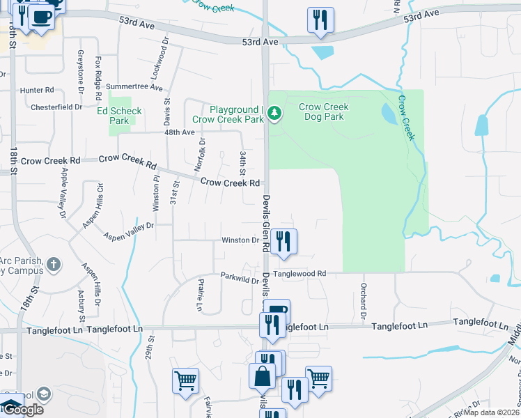 map of restaurants, bars, coffee shops, grocery stores, and more near 4507 34th Street Court in Bettendorf