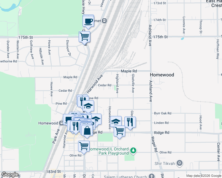 map of restaurants, bars, coffee shops, grocery stores, and more near 1825 Cedar Road in Homewood