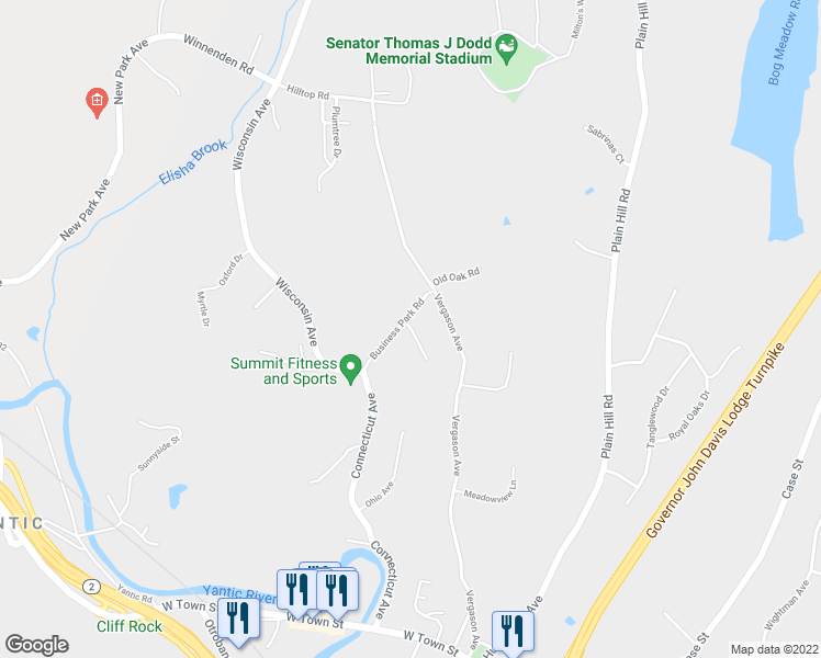 map of restaurants, bars, coffee shops, grocery stores, and more near 17 Parkwoods Road in Norwich