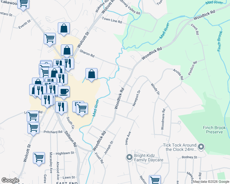 map of restaurants, bars, coffee shops, grocery stores, and more near 795 Woodtick Road in Waterbury