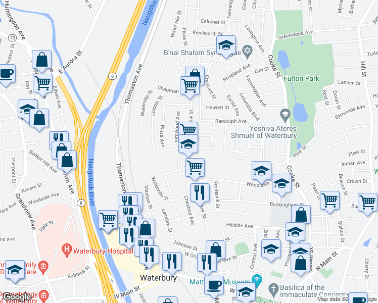 map of restaurants, bars, coffee shops, grocery stores, and more near 311 Willow Street in Waterbury