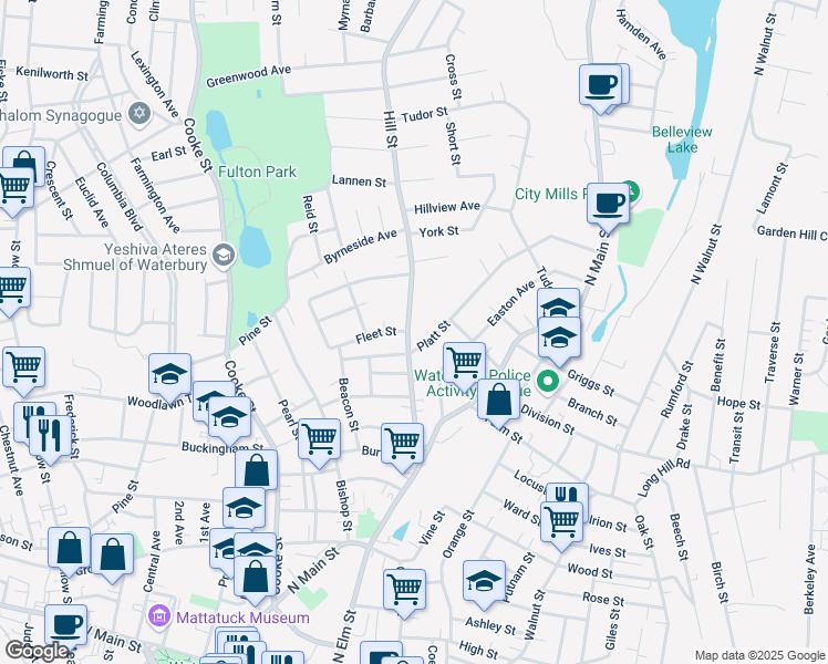 map of restaurants, bars, coffee shops, grocery stores, and more near 134 Hill Street in Waterbury