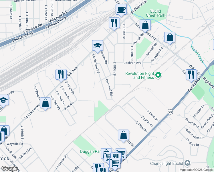 map of restaurants, bars, coffee shops, grocery stores, and more near 1474 East 185th Street in Cleveland