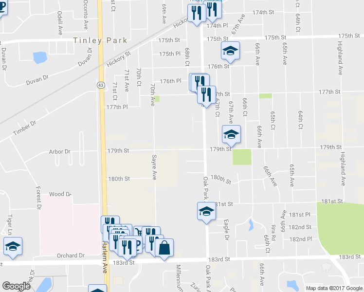 map of restaurants, bars, coffee shops, grocery stores, and more near 6850 179th Street in Tinley Park
