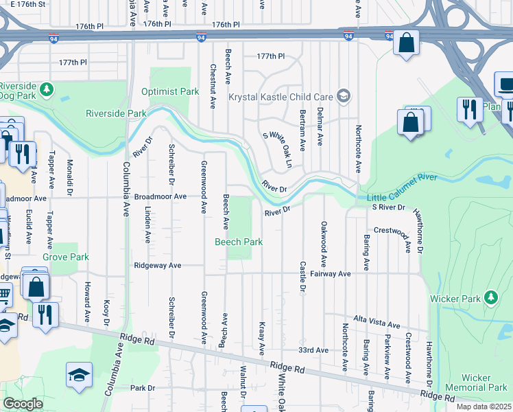 map of restaurants, bars, coffee shops, grocery stores, and more near 1464 River Dr in Munster