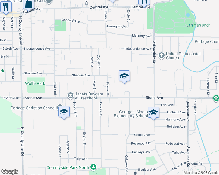 map of restaurants, bars, coffee shops, grocery stores, and more near 2965 Brown Street in Portage