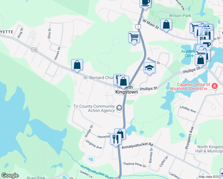 map of restaurants, bars, coffee shops, grocery stores, and more near 60 Preston Drive in North Kingstown
