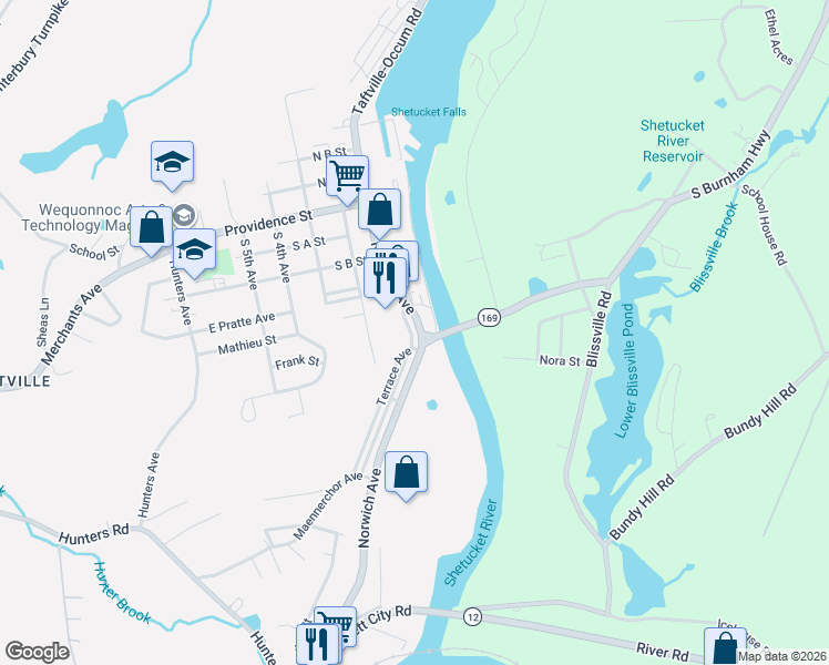 map of restaurants, bars, coffee shops, grocery stores, and more near 486 Shetucket Avenue in Norwich