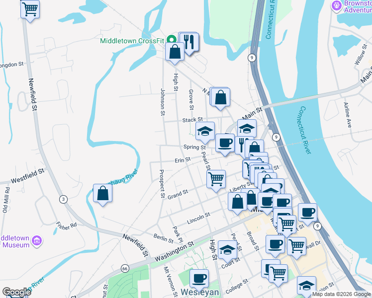 map of restaurants, bars, coffee shops, grocery stores, and more near 114 Spring Street in Middletown