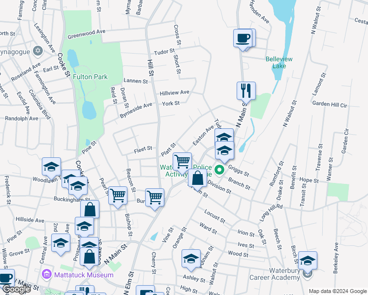 map of restaurants, bars, coffee shops, grocery stores, and more near 127 Easton Avenue in Waterbury