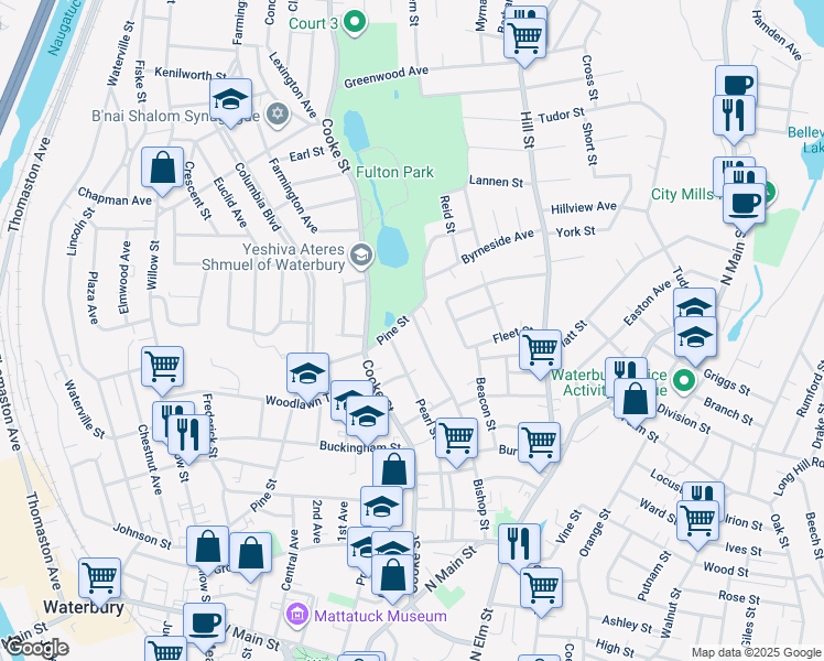 map of restaurants, bars, coffee shops, grocery stores, and more near 330 Bishop Street in Waterbury
