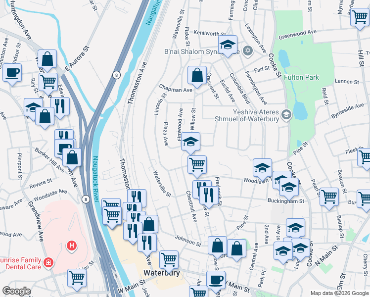 map of restaurants, bars, coffee shops, grocery stores, and more near in Waterbury