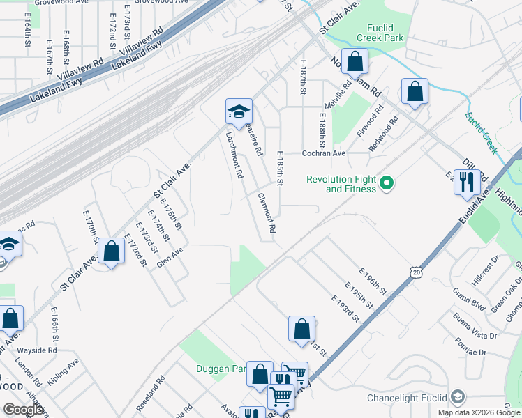 map of restaurants, bars, coffee shops, grocery stores, and more near 1474 East 185th Street in Cleveland