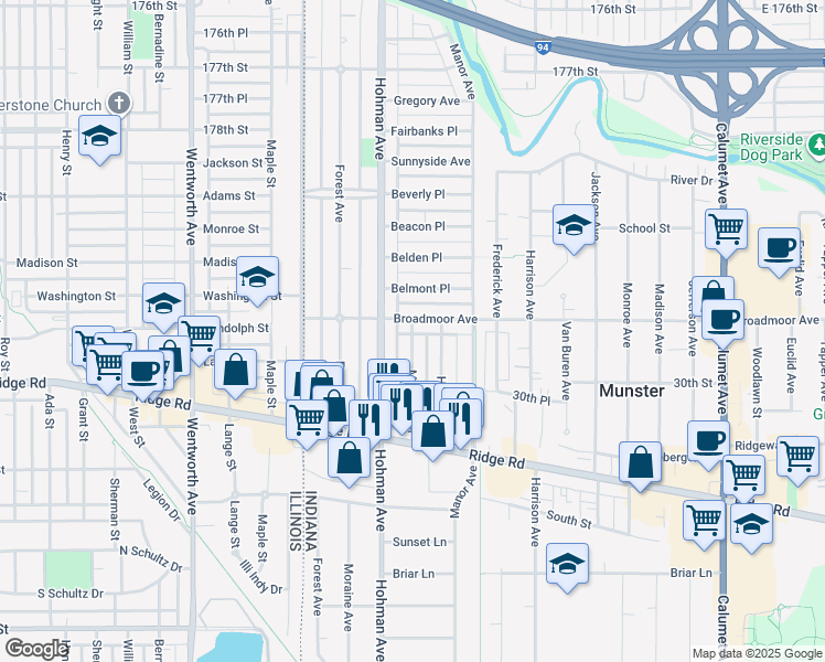 map of restaurants, bars, coffee shops, grocery stores, and more near 236 Broadmoor Avenue in Munster