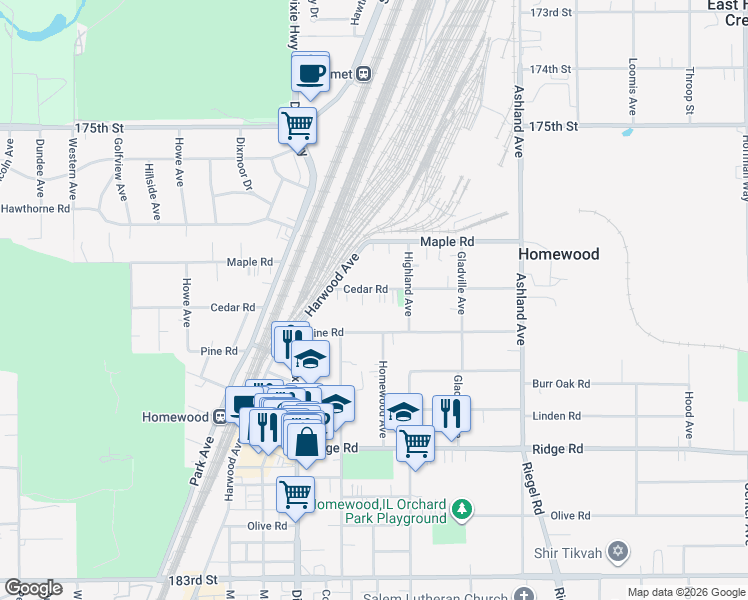 map of restaurants, bars, coffee shops, grocery stores, and more near 1825 Cedar Road in Homewood