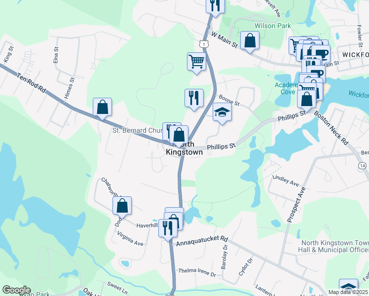 map of restaurants, bars, coffee shops, grocery stores, and more near in North Kingstown