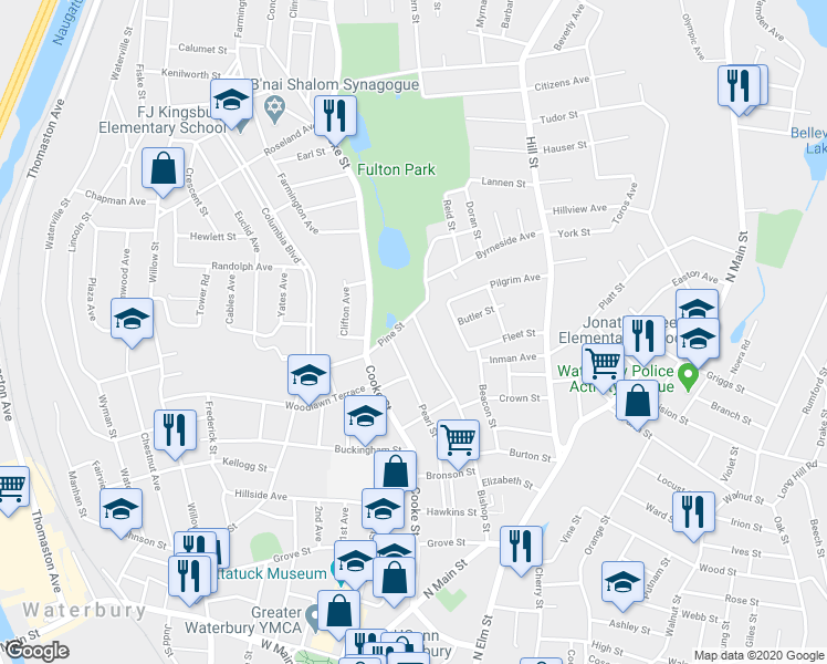 map of restaurants, bars, coffee shops, grocery stores, and more near 317 Bishop Street in Waterbury