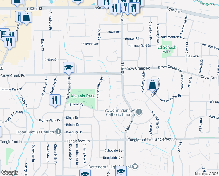 map of restaurants, bars, coffee shops, grocery stores, and more near 2131 Wendy Court in Bettendorf
