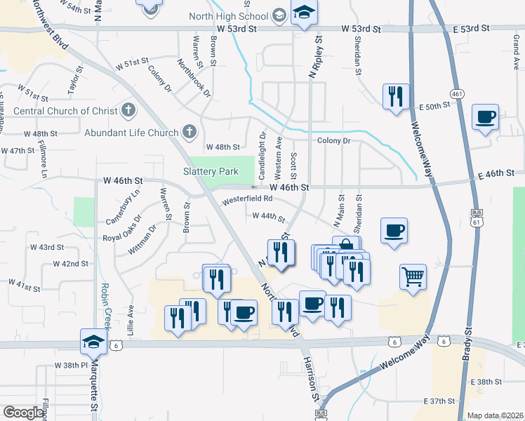 map of restaurants, bars, coffee shops, grocery stores, and more near 615 Westerfield Road in Davenport