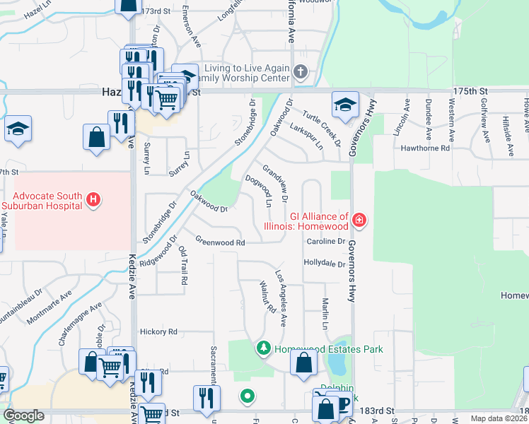 map of restaurants, bars, coffee shops, grocery stores, and more near 17711 Pebblewood Lane in Hazel Crest