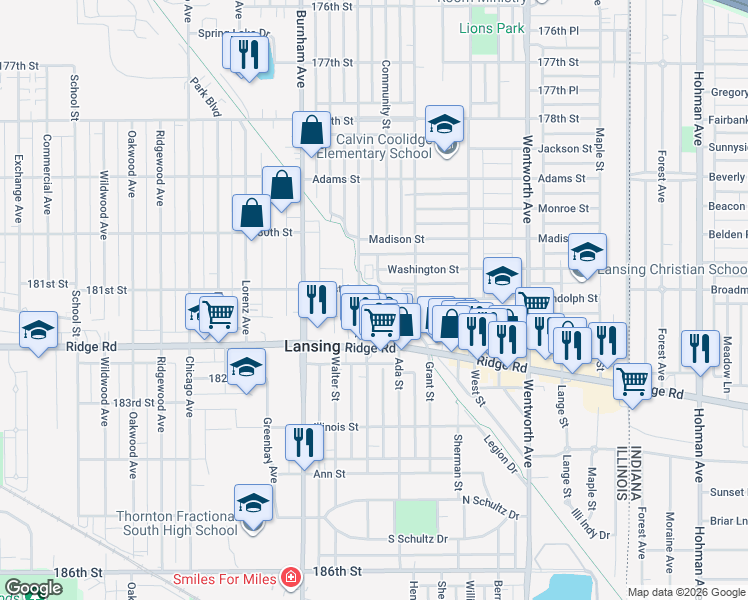map of restaurants, bars, coffee shops, grocery stores, and more near 18104 Roy Street in Lansing